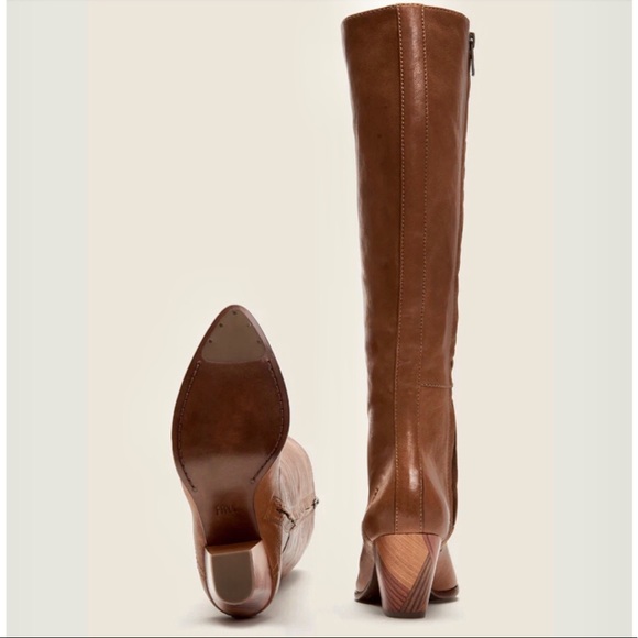 $458 RARE Frye Reed Chevron Heel Cognac Leather Tall Knee High Winter/Fall Boots - Picture 4 of 16